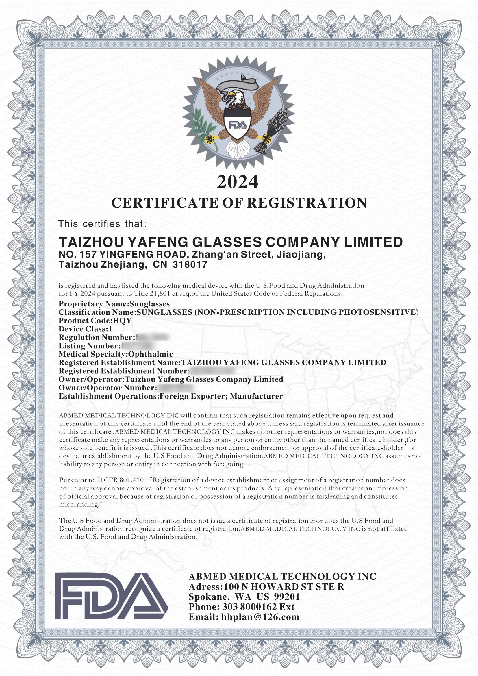 Sunglasses FDA for Yafeng Glasses,a China glasses Manufacturer