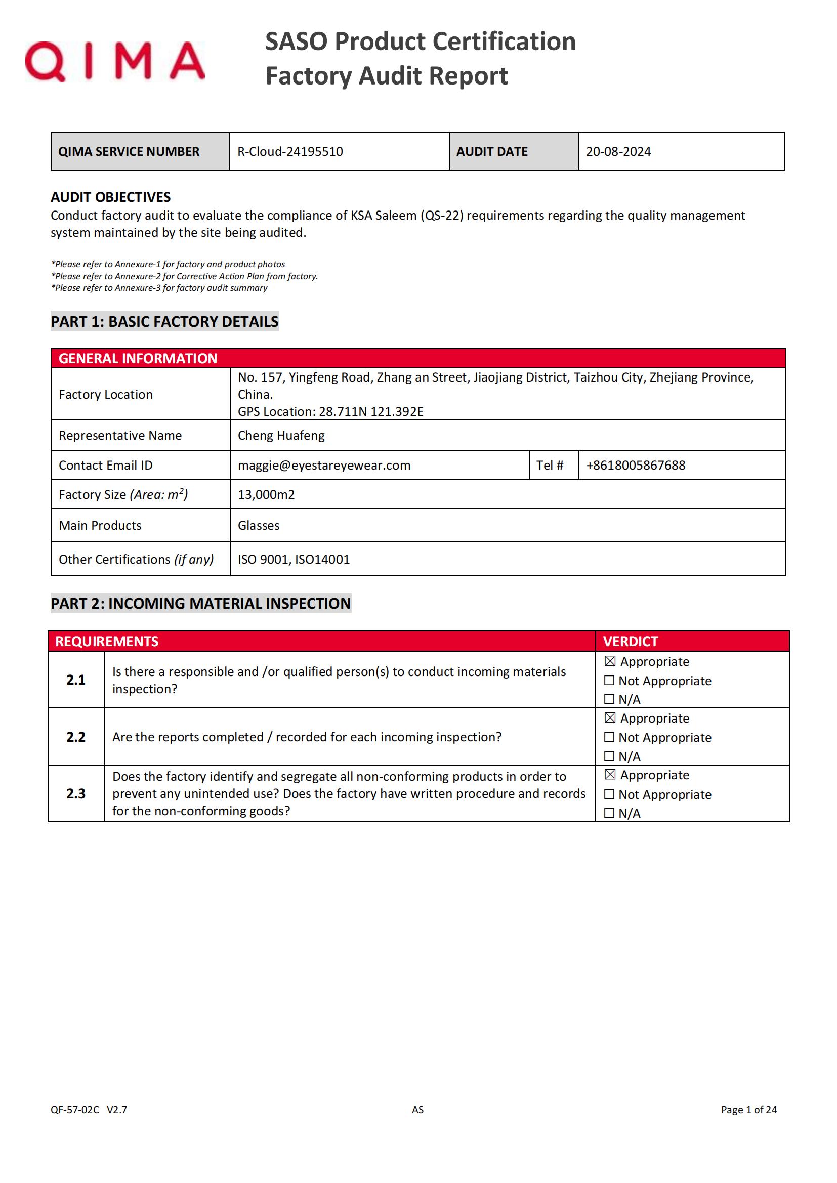 QIMA-SASO report from Yafeng glasses, a China glasses manufacturer
